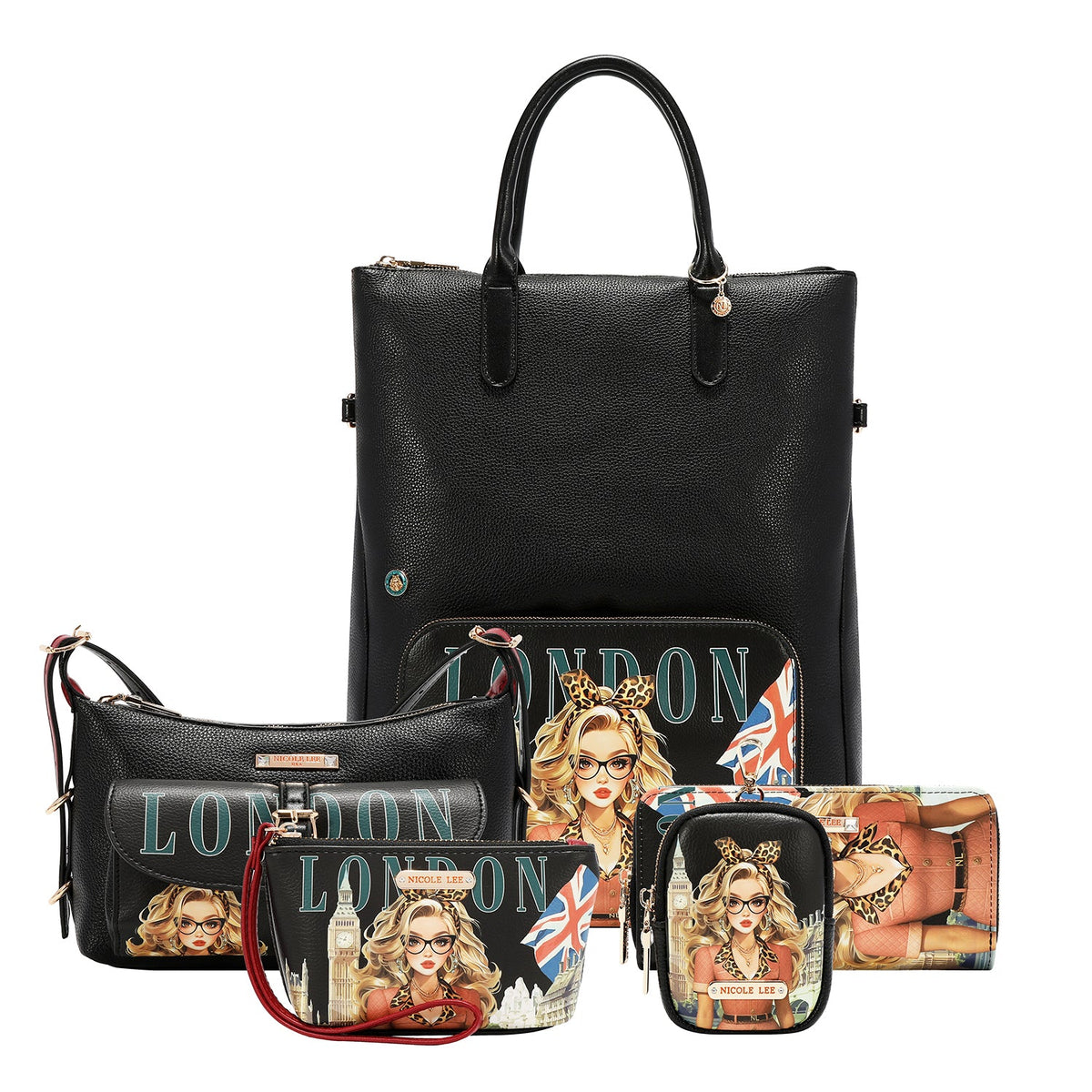 CONJUNTO DE 5 PZ BOLSO CONVERTIBLE A MOCHILA (LONDON EYE-NEGRO)