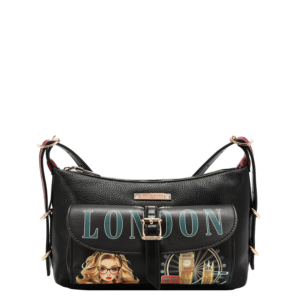 CONJUNTO DE 5 PZ BOLSO CONVERTIBLE A MOCHILA (LONDON EYE-NEGRO)