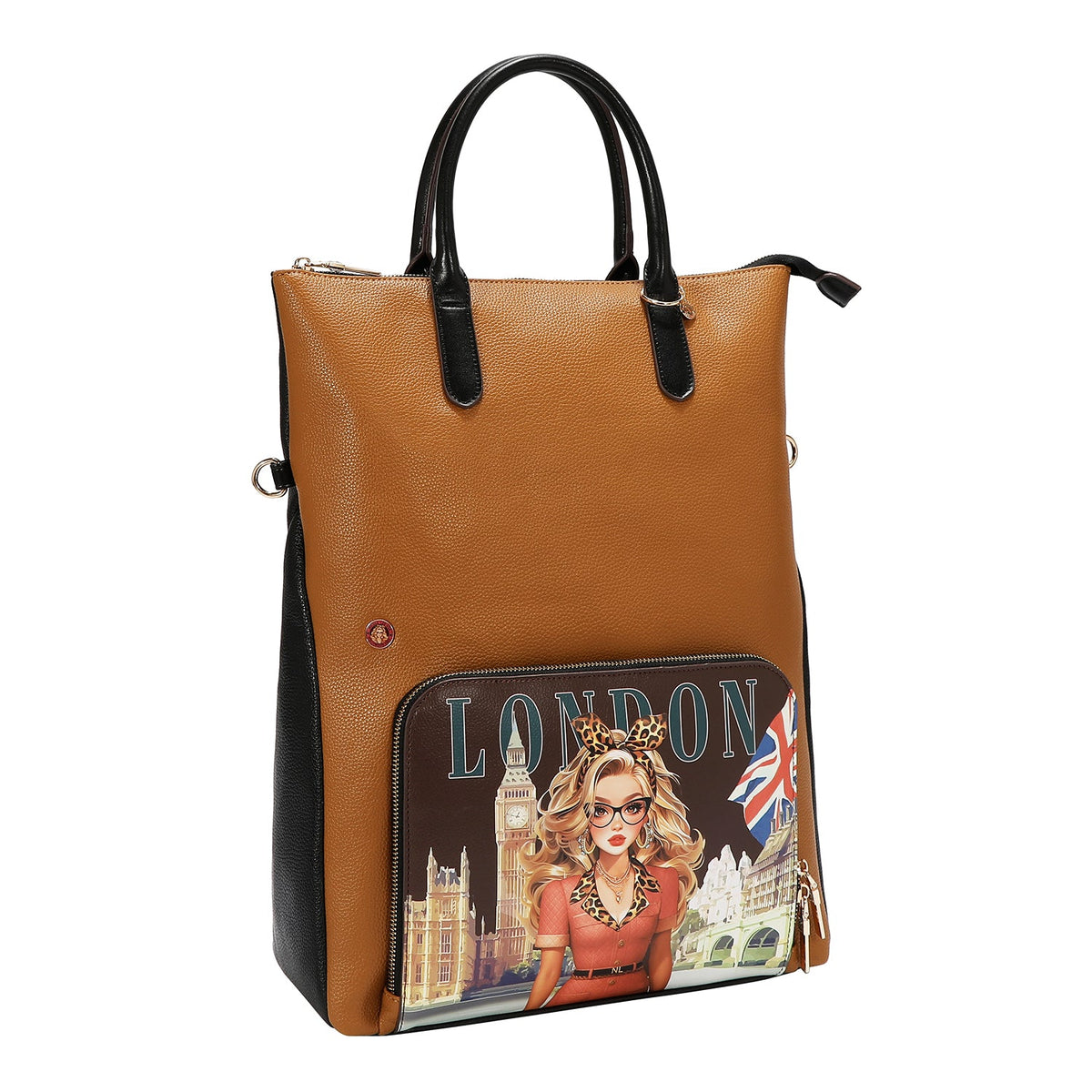 CONJUNTO DE 5 PZ BOLSO CONVERTIBLE A MOCHILA (LONDON EYE-MARRON)