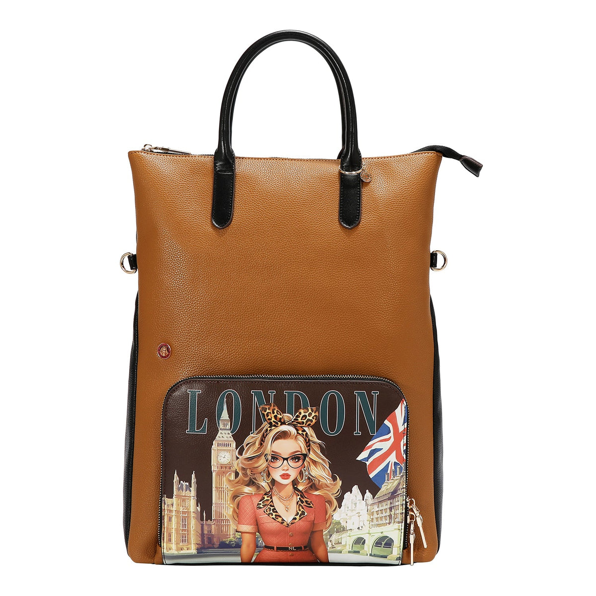 CONJUNTO DE 5 PZ BOLSO CONVERTIBLE A MOCHILA (LONDON EYE-MARRON)