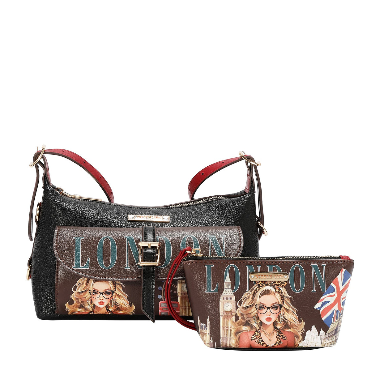CONJUNTO DE 5 PZ BOLSO CONVERTIBLE A MOCHILA (LONDON EYE-MARRON)