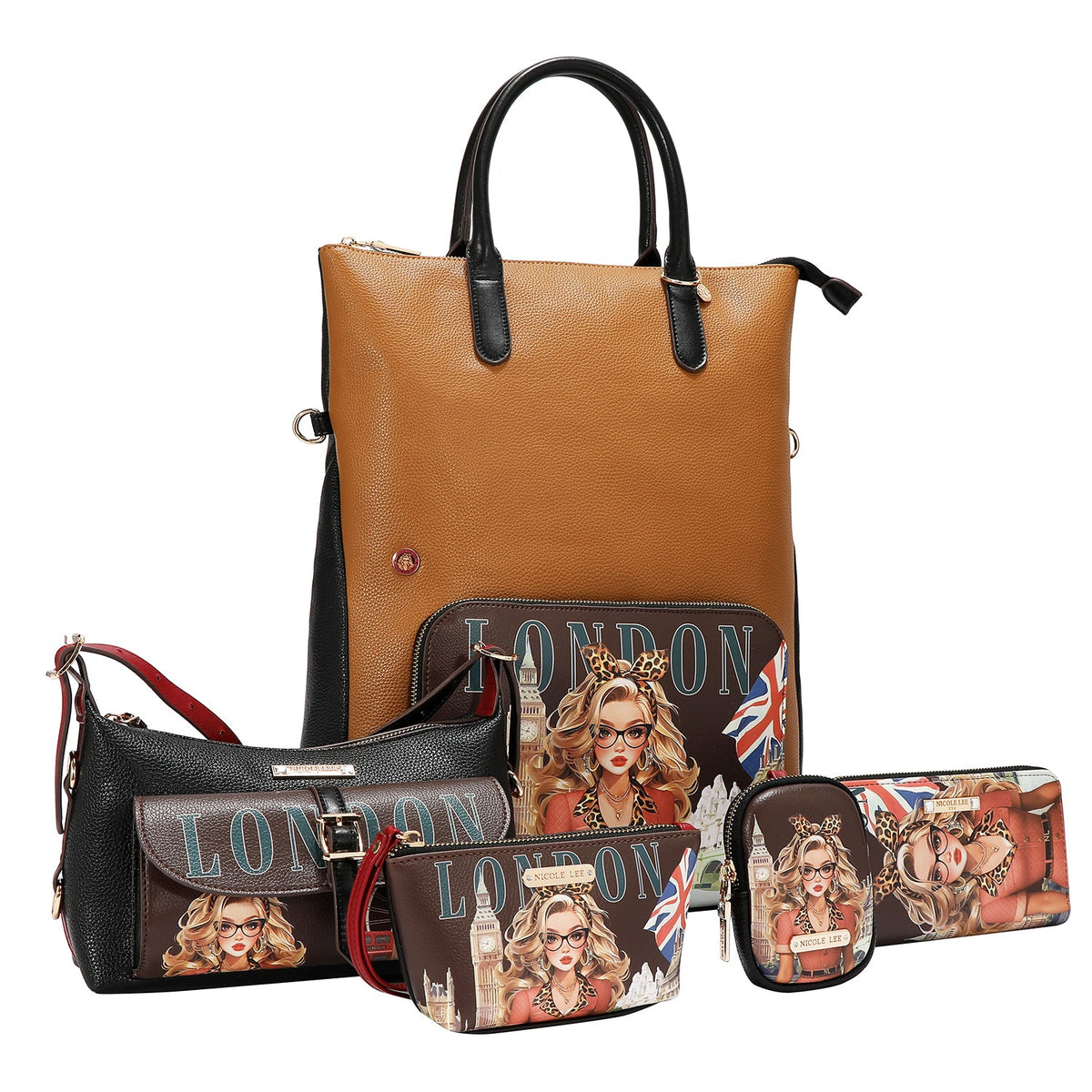 CONJUNTO DE 5 PZ BOLSO CONVERTIBLE A MOCHILA (LONDON EYE-MARRON)