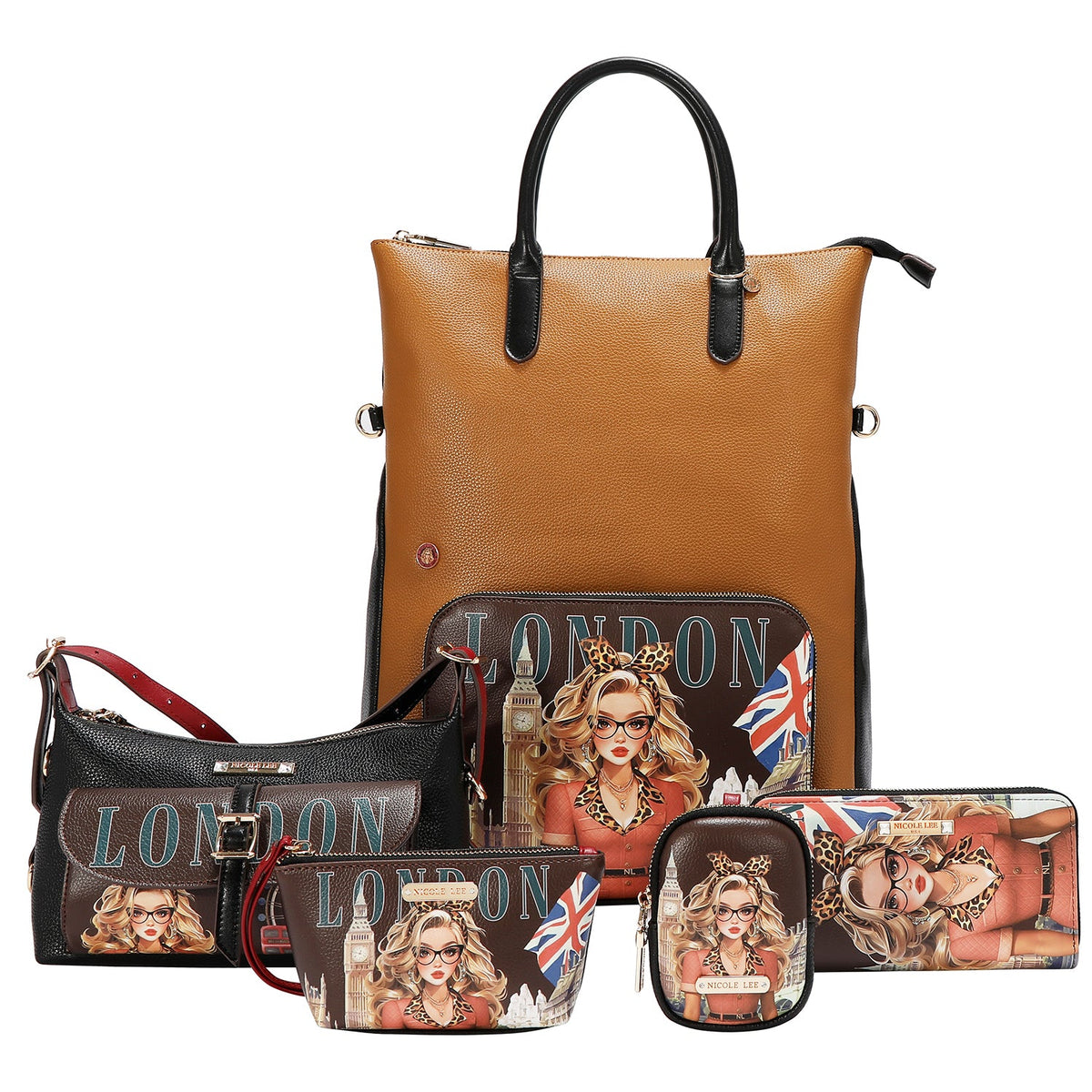 CONJUNTO DE 5 PZ BOLSO CONVERTIBLE A MOCHILA (LONDON EYE-MARRON)