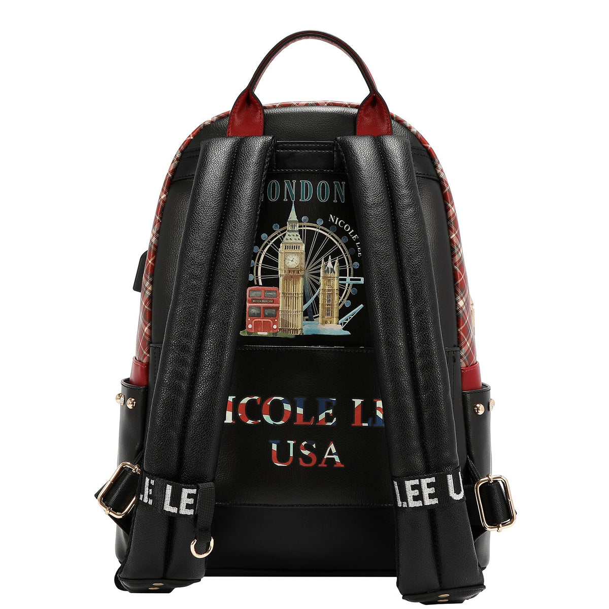 MOCHILA GRANDE DE MODA CON PUERTO DE CARGA USB Y BOLSA (LONDON EYE-NEGRO)