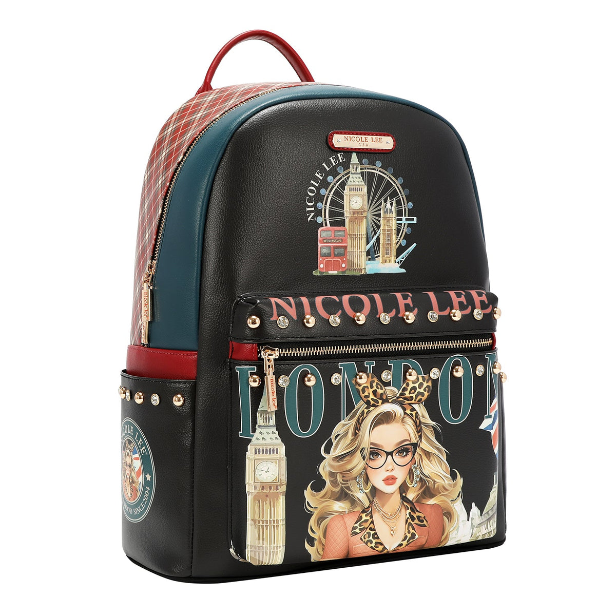 MOCHILA GRANDE DE MODA CON PUERTO DE CARGA USB Y BOLSA (LONDON EYE-NEGRO)