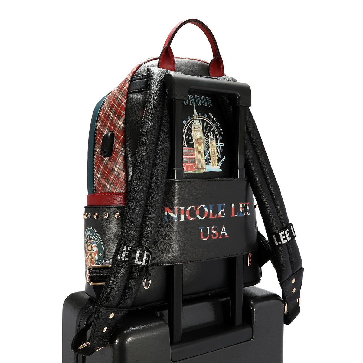 MOCHILA GRANDE DE MODA CON PUERTO DE CARGA USB Y BOLSA (LONDON EYE-NEGRO)