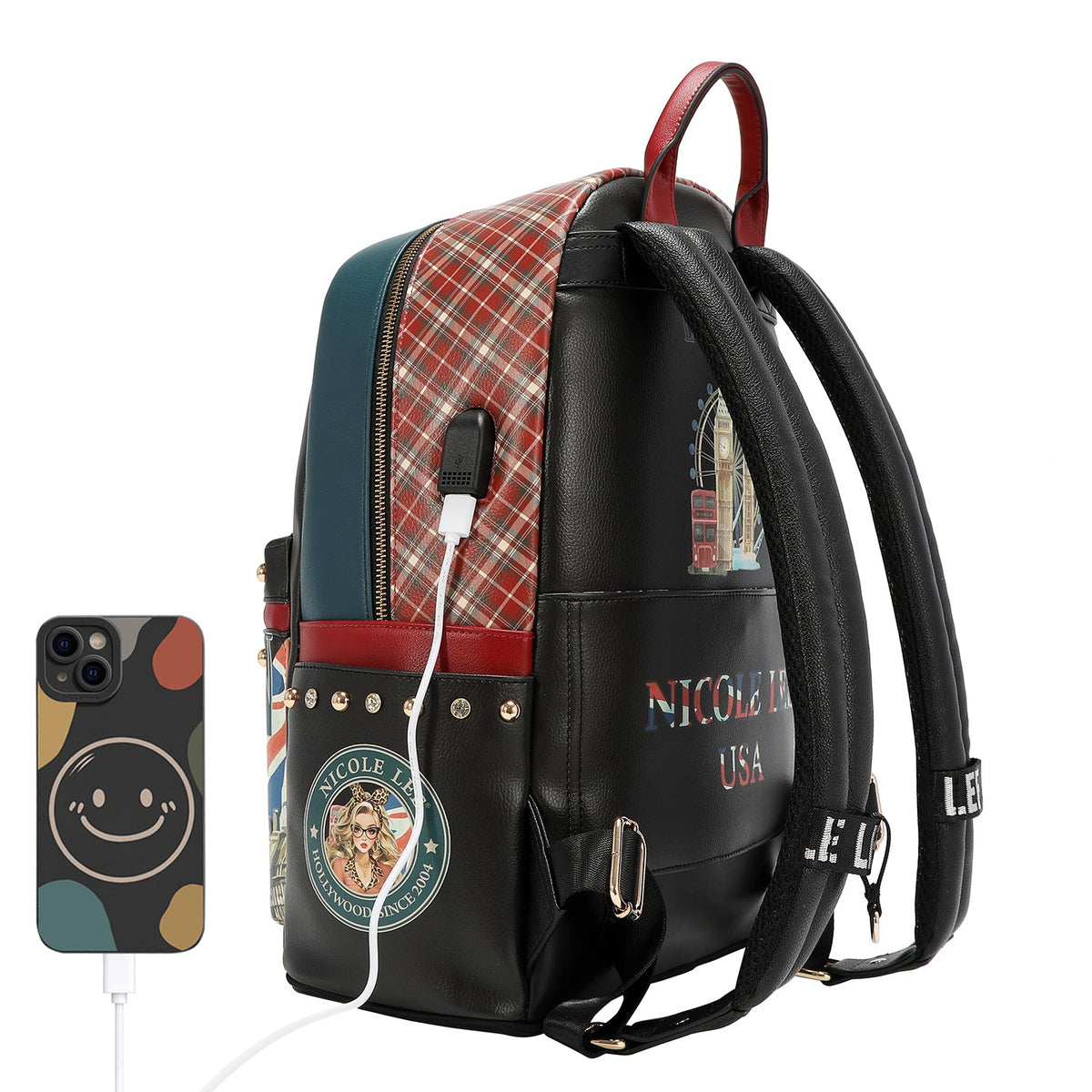 MOCHILA GRANDE DE MODA CON PUERTO DE CARGA USB Y BOLSA (LONDON EYE-NEGRO)