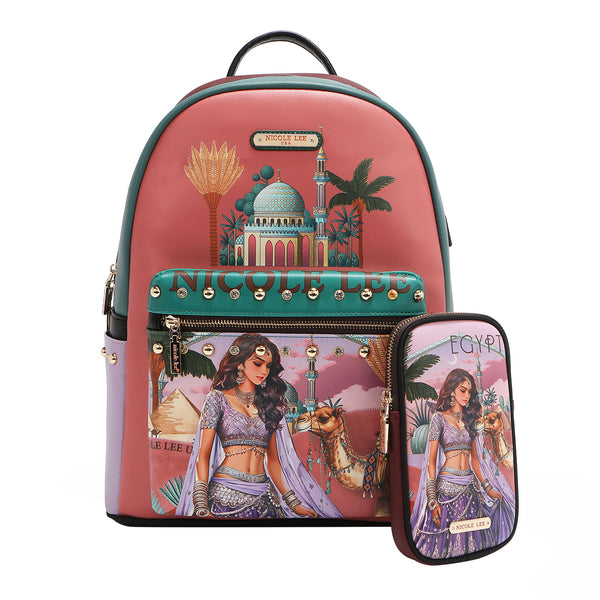 LARGE FASHION BACKPACK WITH USB CHARGING PORT AND BAG (<tc>QUEEN CLEOPATRA</tc>)